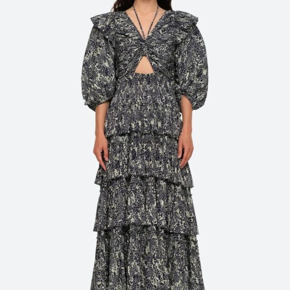 Sea Ny Priya Tiered Dress Floral Printed Smocked Puff Sleeve XS